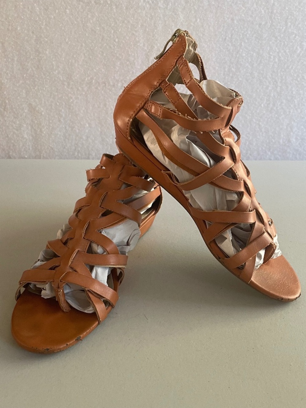 Sam & Libby Tan Strappy Flat Gladiator Sandals Caged with Back Zipper, Size 8